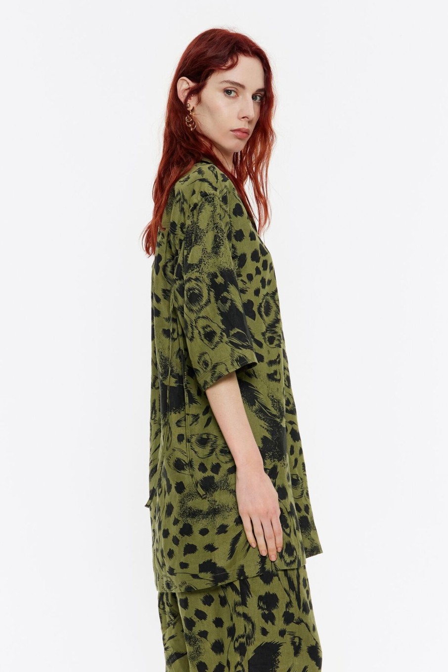 Camisas | BIMBA Y LOLA Camisa Oversize Lino Animal Mix Verde